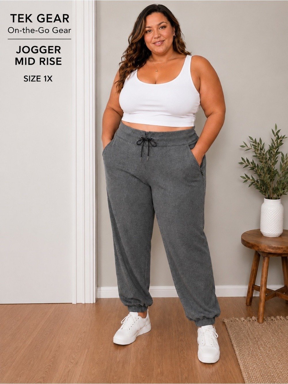 Tek Gear On-the-Go Gear Charcoal Jogger Pants 1X Mid Rise Stretch Athleisure